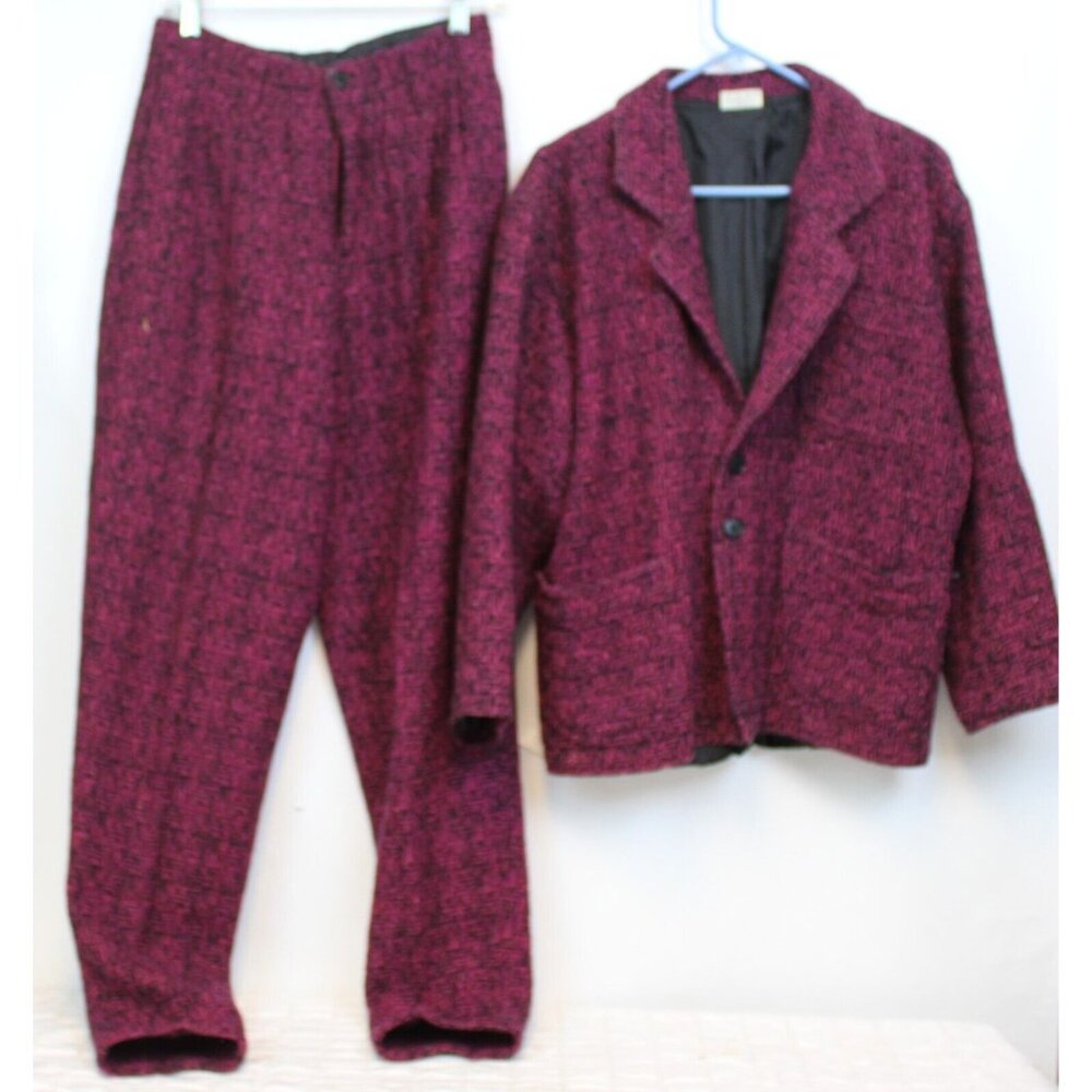 VTG 80s Mango Pink Black Herringbone Suit sz M 42 Lined Pockets Women Pants Long